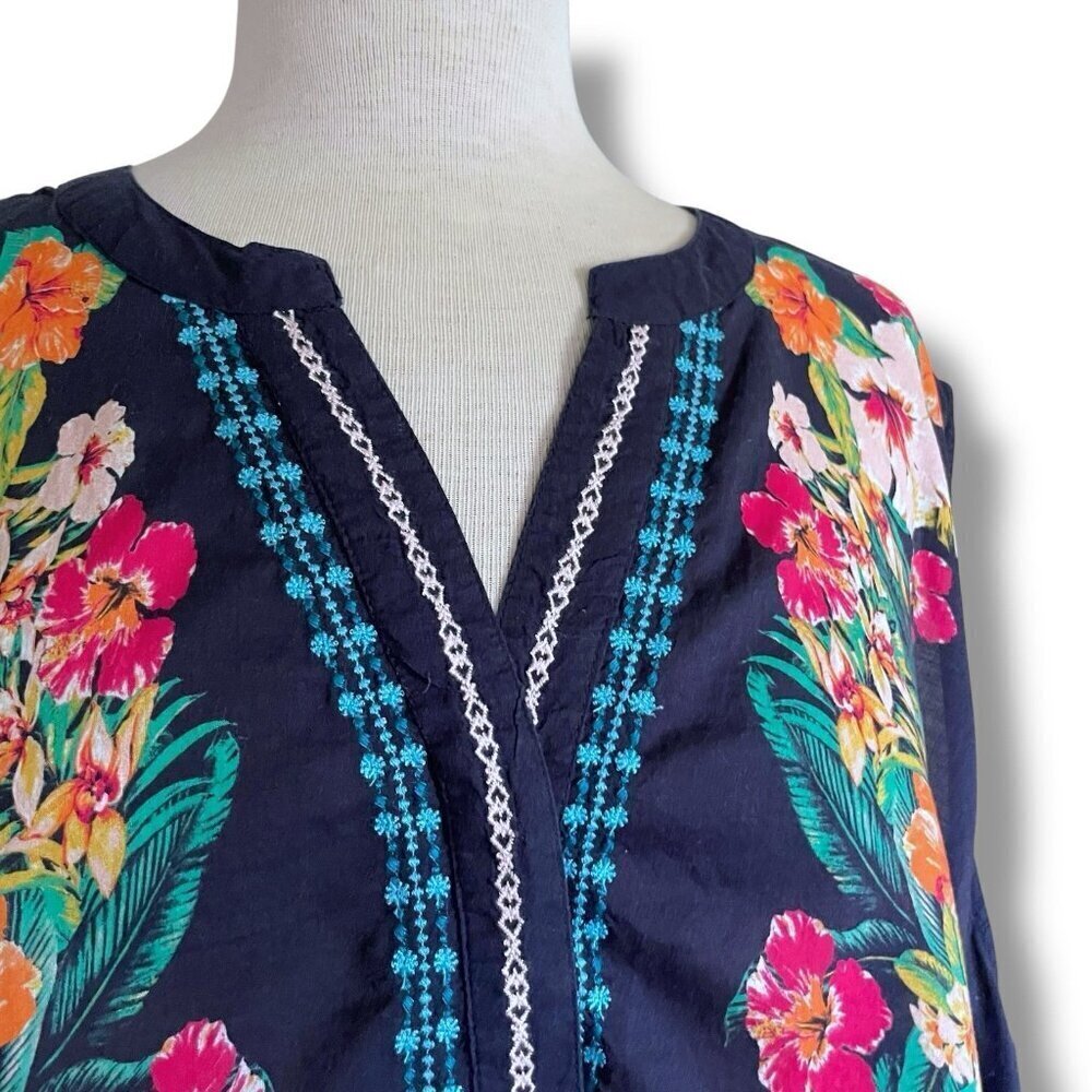 Roamans Womens Top Plus Sz 26W Navy Blue Tropical Floral Tunic Blouse Cotton - Picture 5 of 8